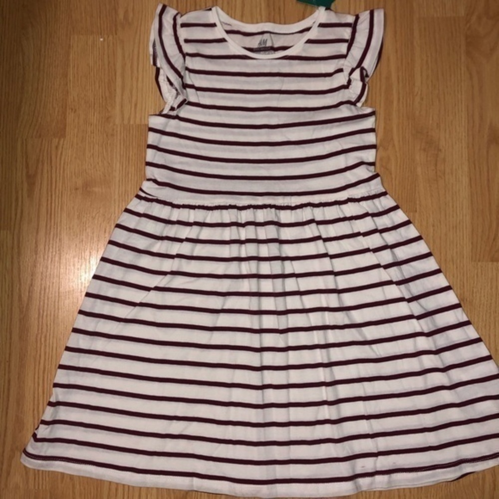 NWT H&M White & burgundy striped ruffle summer organic cotton dress girls SZ 4-6